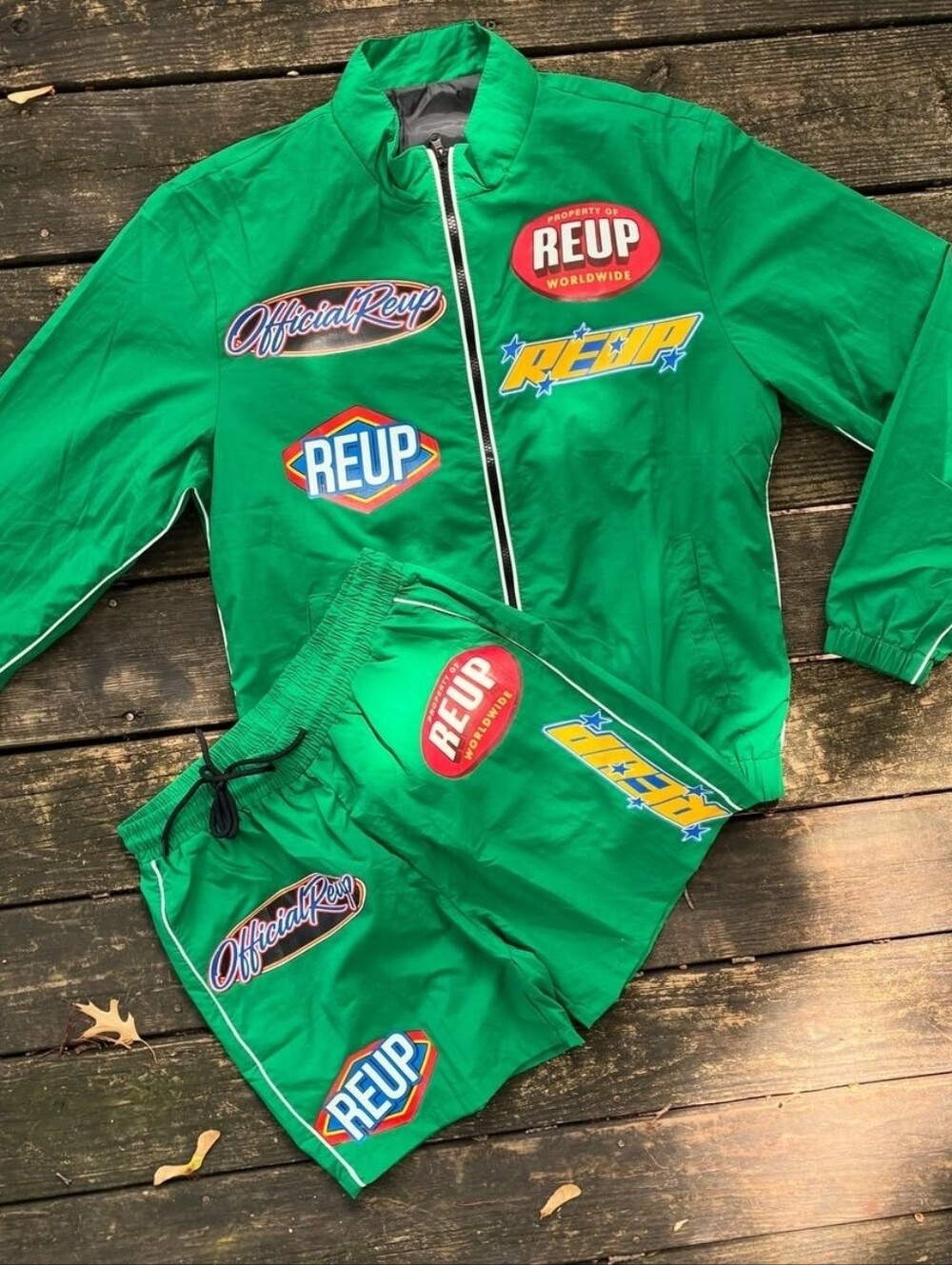 REUP Green Patchwork Track Jacket & Shorts Set